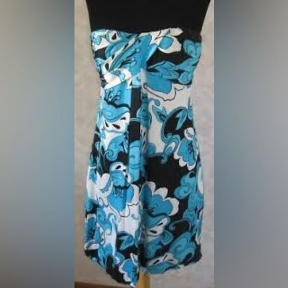 CACHE 4 Strapless Fully Lined 100% Silk Dress Blue/Blk/Wht Floral Cocktail Party - Picture 1 of 9